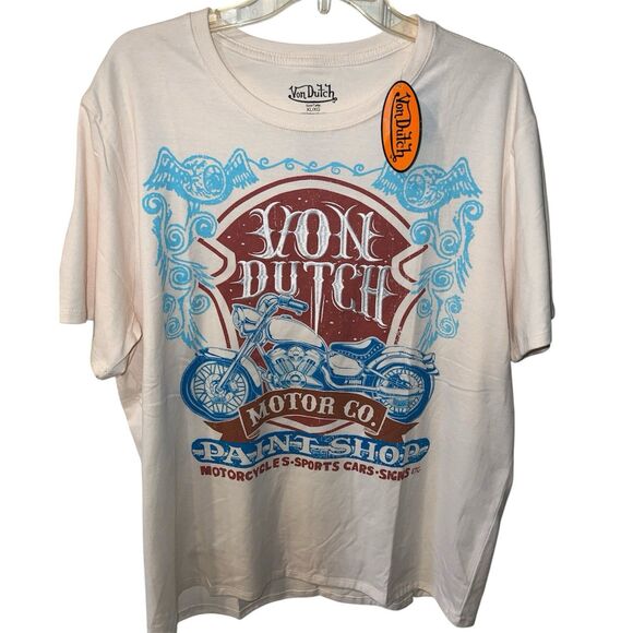 VON DUTCH T SHIRT Mens Sz XL Beige Biker Graphic Logo Grunge Tee Skater New - Picture 1 of 7